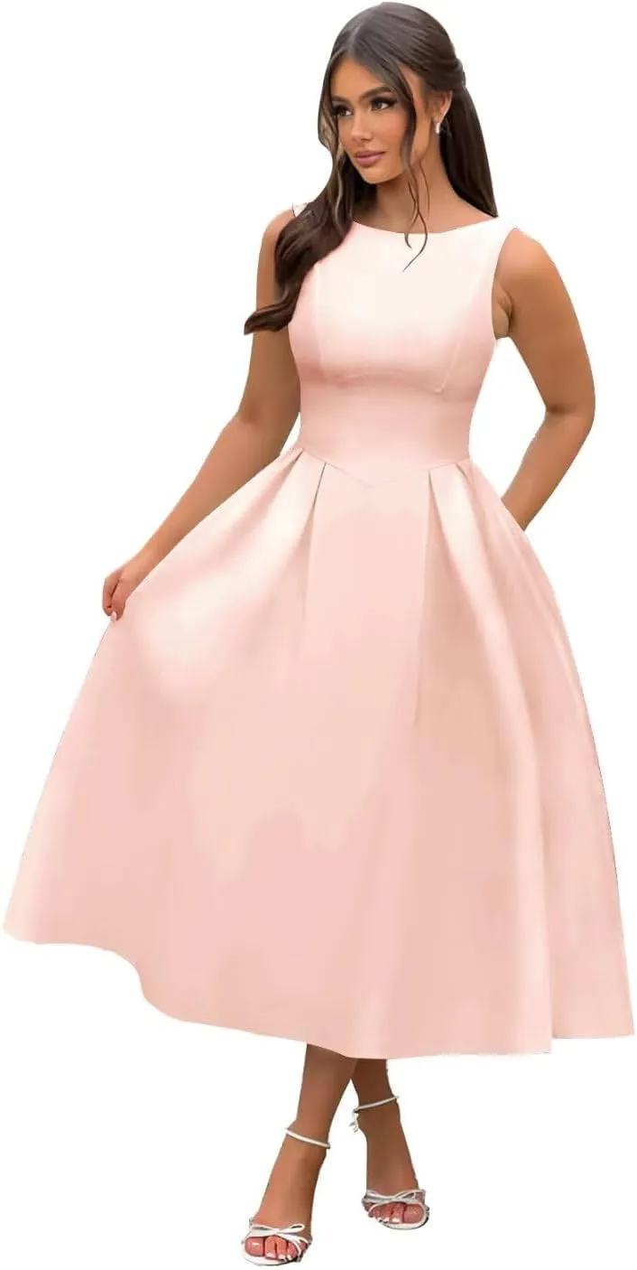 Boat Neck Satin Midi Prom Dresses Tea Length Scoop Back A Line Formal Evening Party Gowns