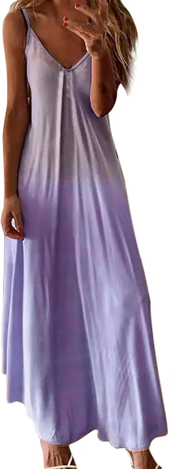 Boho Dresses for Women 2024 Spring Summer Fashion Floral Print Maxi Dress Plus Size Casual V Neck Flowy Sling Beach Sundress