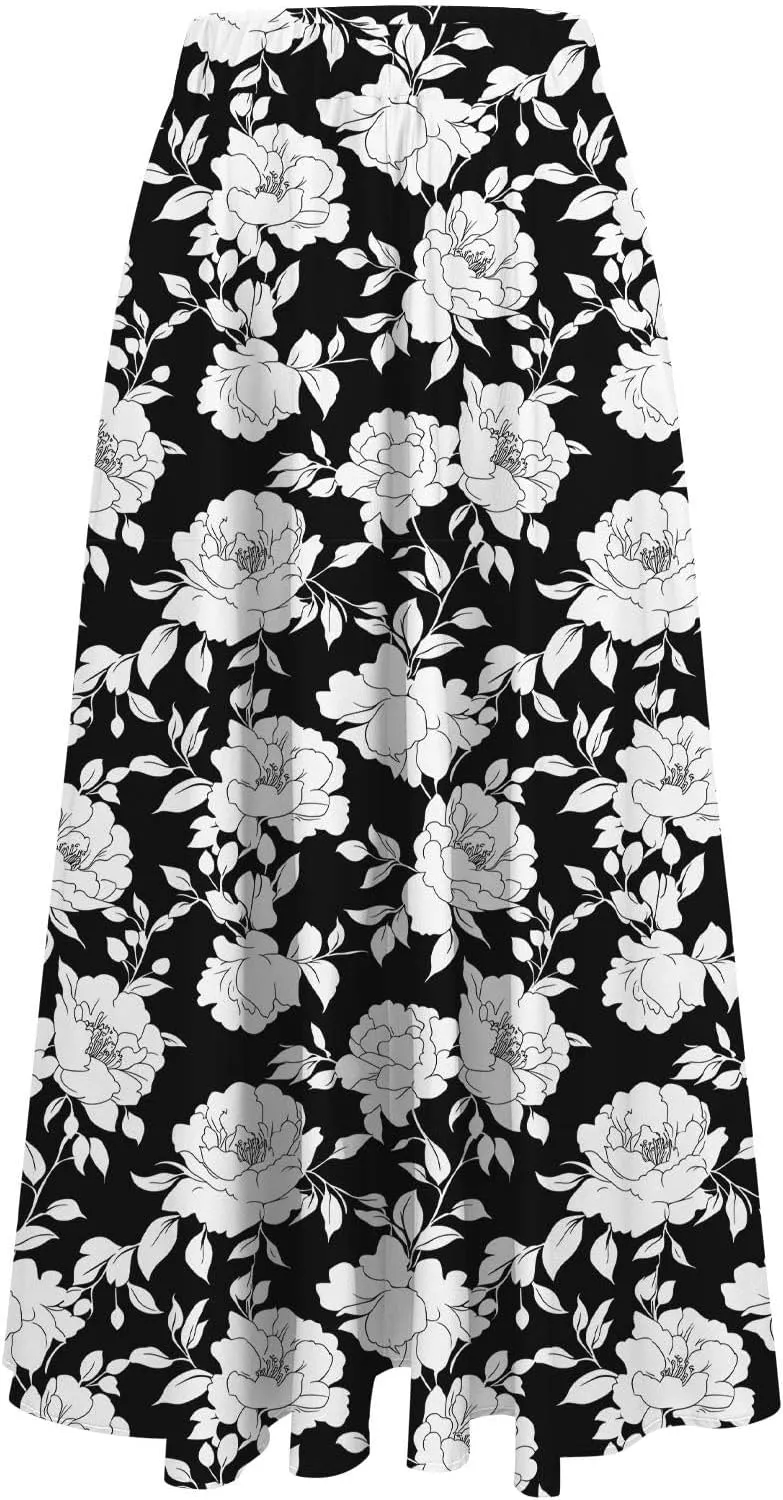 Boho Floral Maxi Skirts for Women Summer Beach Vacation A-Line Pleated Long Skirts Elastic High Waisted Flowy Skirt