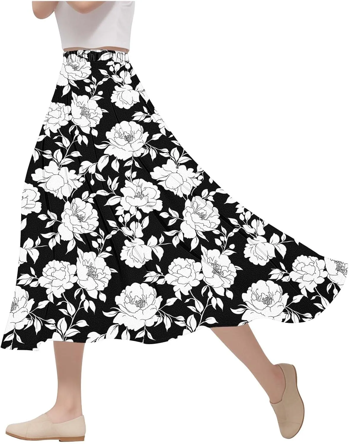 Boho Floral Maxi Skirts for Women Summer Beach Vacation A-Line Pleated Long Skirts Elastic High Waisted Flowy Skirt