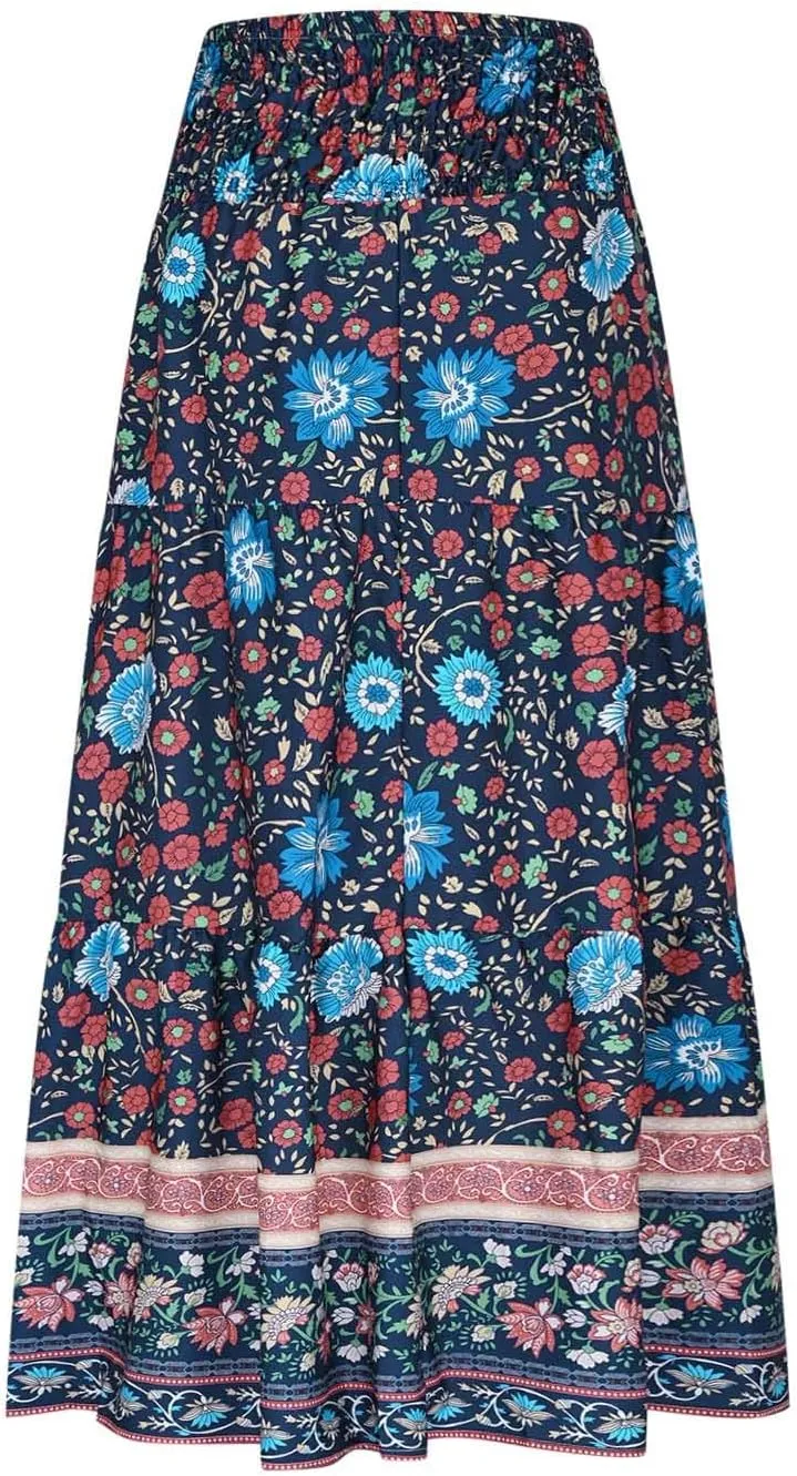 Boho Floral Pleated Long Skirts for Women Summer Casual Elastic High Waisted Skirts A-Line Flowy Swing Maxi Skirt