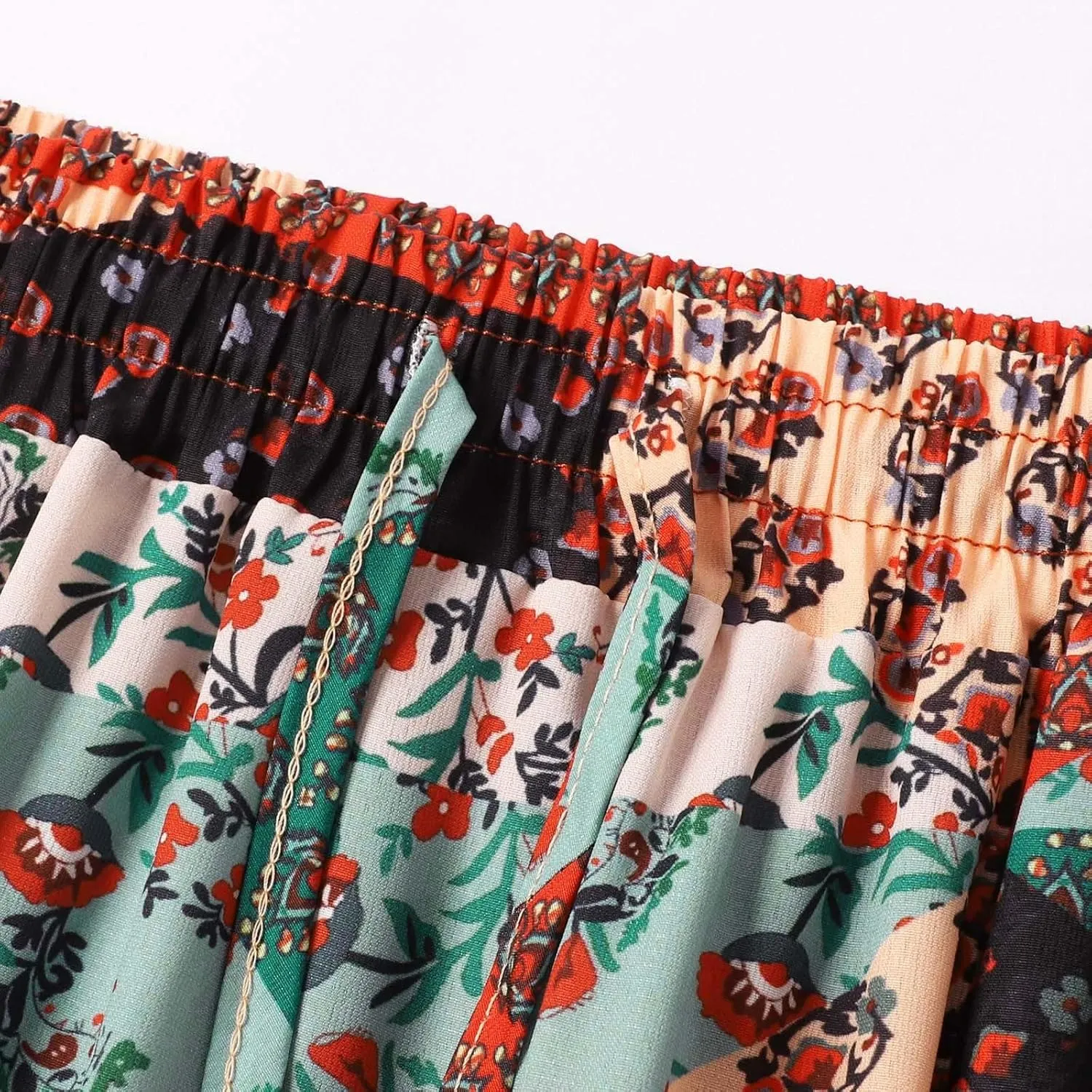 Boho Maxi Skirt for Women Elastic High Waist Tiered Pleated Ruffle Flowy Summer Beach Long Skirts with Pockets