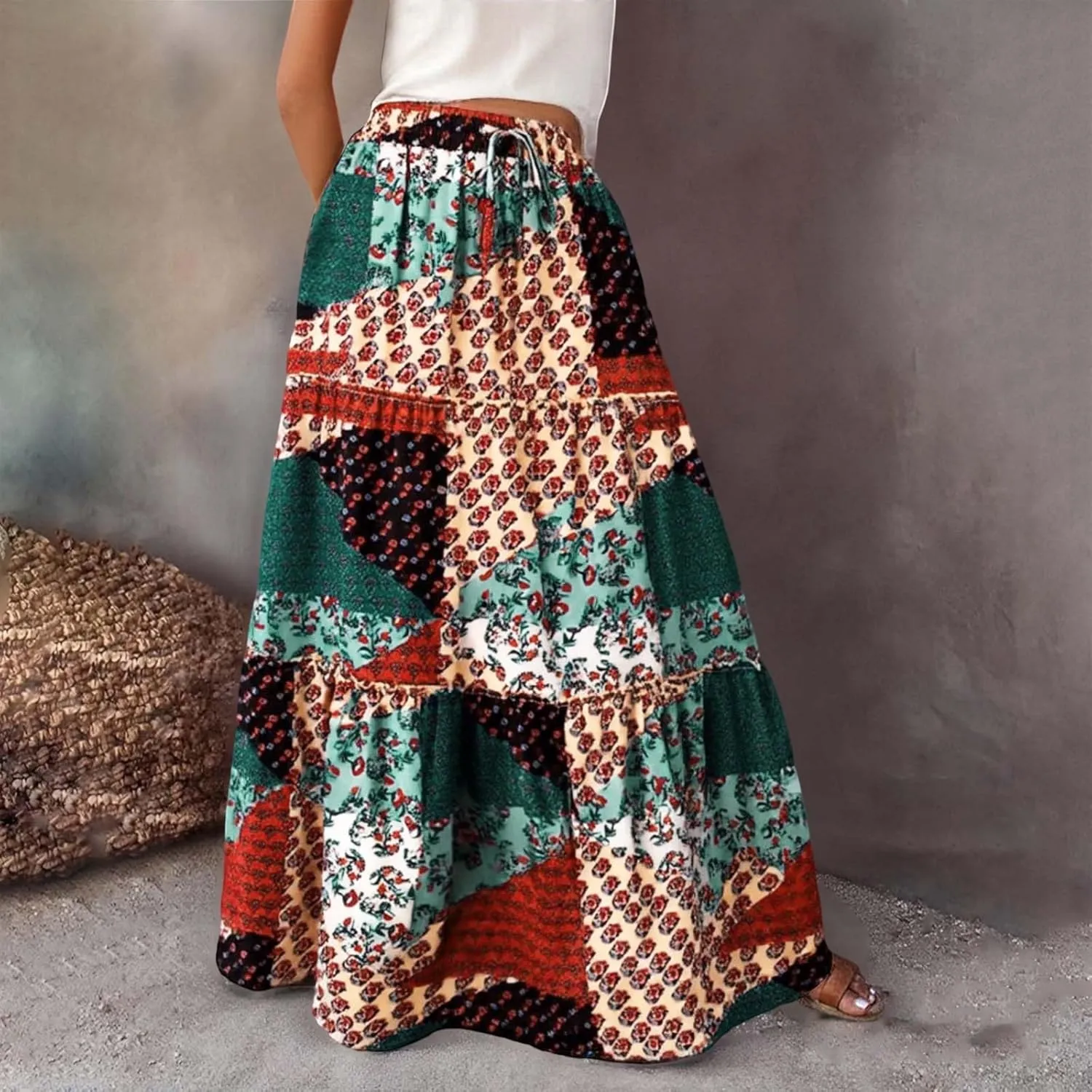 Boho Maxi Skirt for Women Elastic High Waist Tiered Pleated Ruffle Flowy Summer Beach Long Skirts with Pockets
