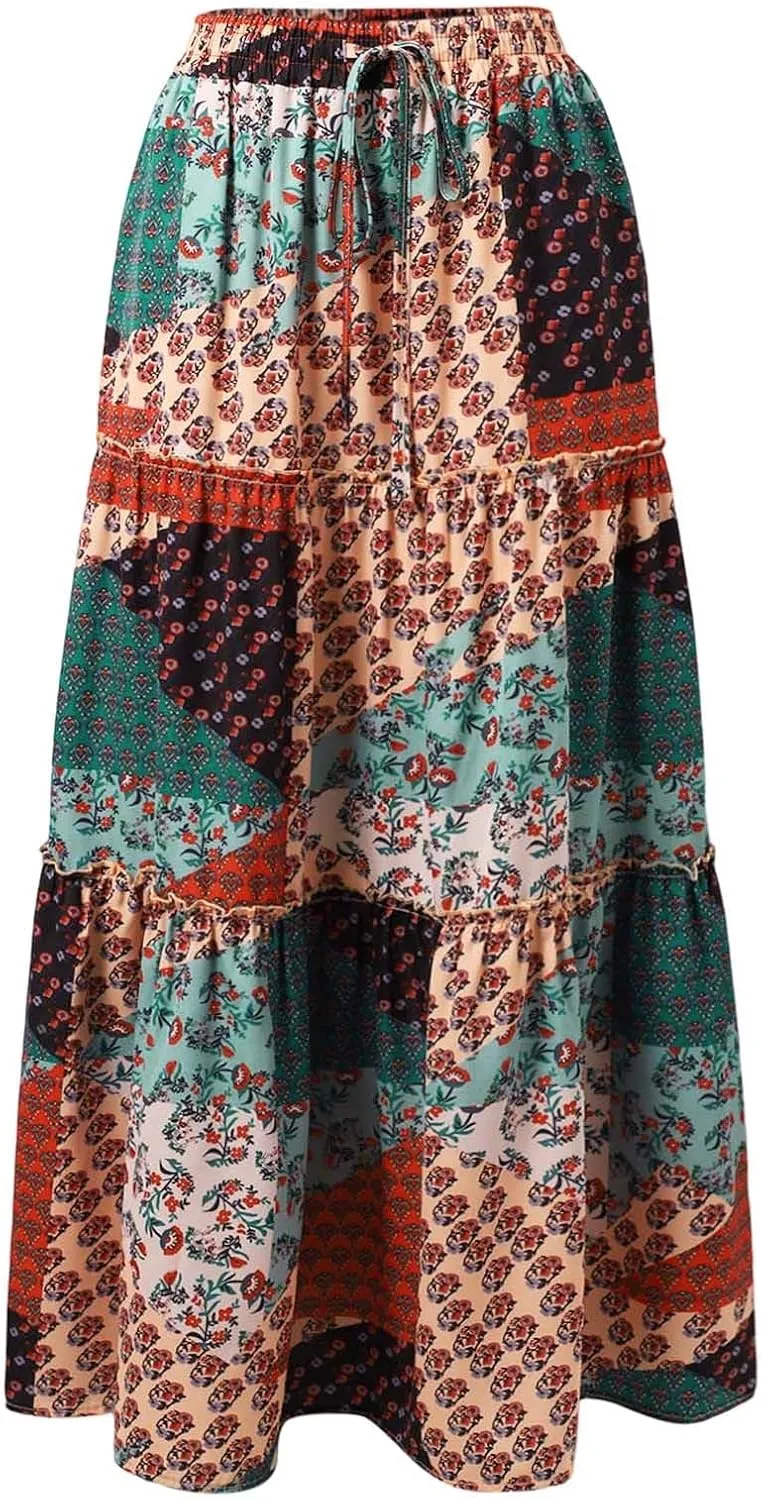 Boho Maxi Skirt for Women Elastic High Waist Tiered Pleated Ruffle Flowy Summer Beach Long Skirts with Pockets