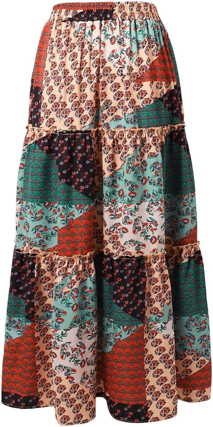 Boho Maxi Skirt for Women Elastic High Waist Tiered Pleated Ruffle Flowy Summer Beach Long Skirts with Pockets