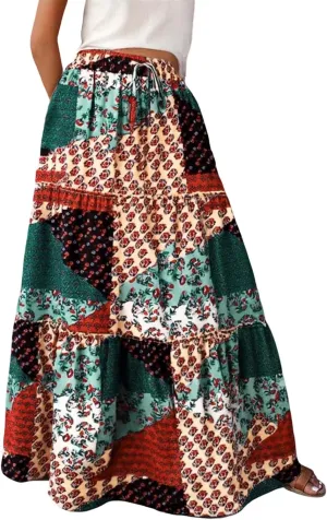 Boho Maxi Skirt for Women Elastic High Waist Tiered Pleated Ruffle Flowy Summer Beach Long Skirts with Pockets
