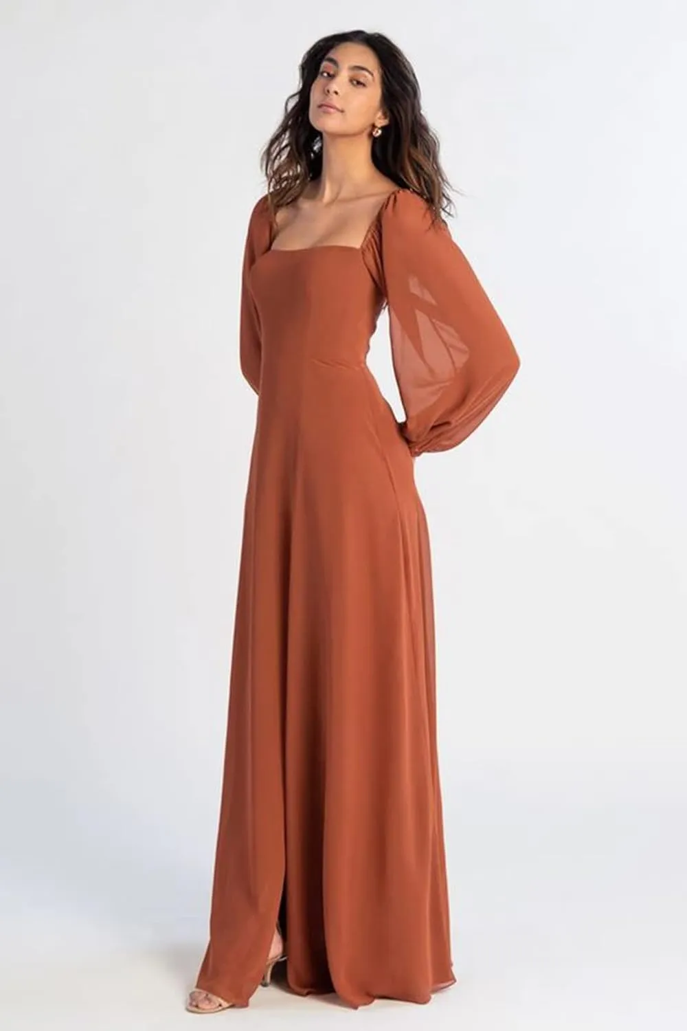 BONOYUER Women's Puffy Long Sleeve Bridesmaid Dresses with Slit A Line Square Neck Formal Prom Evening Gown
