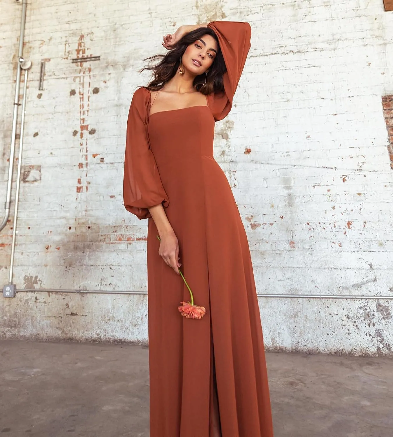 BONOYUER Women's Puffy Long Sleeve Bridesmaid Dresses with Slit A Line Square Neck Formal Prom Evening Gown