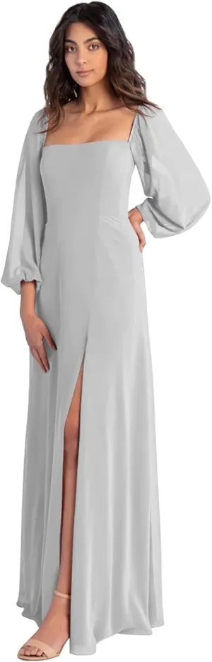 BONOYUER Women's Puffy Long Sleeve Bridesmaid Dresses with Slit A Line Square Neck Formal Prom Evening Gown