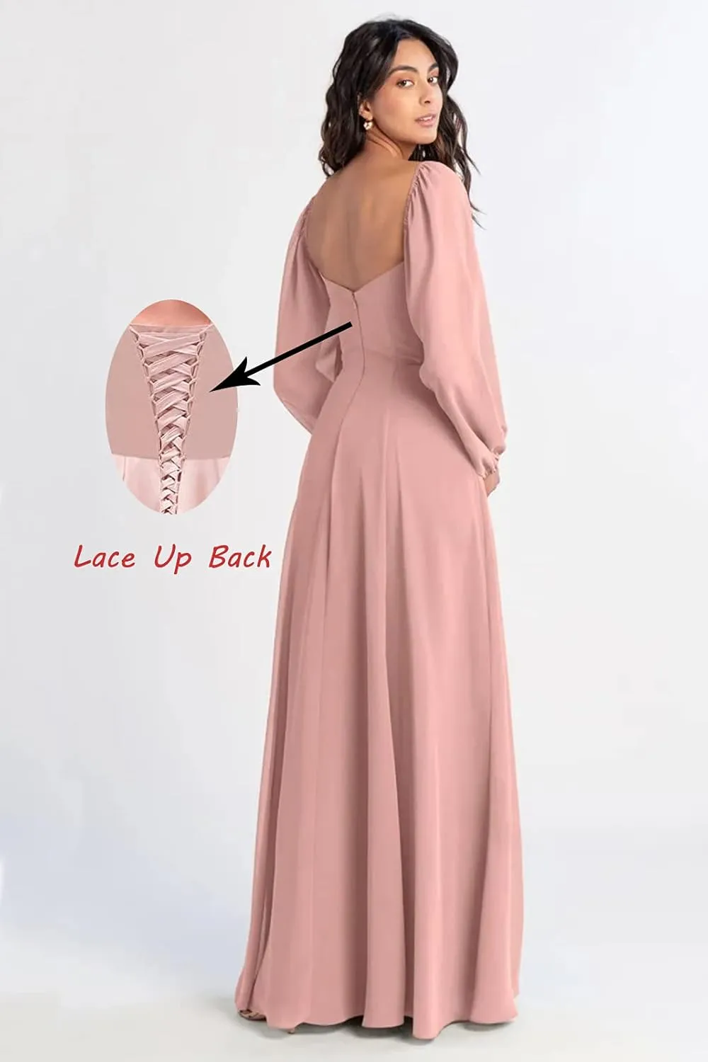 BONOYUER Women's Puffy Long Sleeve Bridesmaid Dresses with Slit A Line Square Neck Formal Prom Evening Gown
