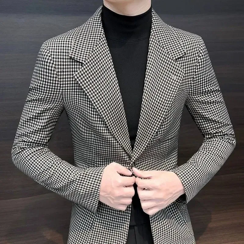 Bonsir Coats Plaid Dress Jacket for Men Single Breasted Clothing Spring Clothes Models Korean Style New Man Business Suits and Blazers