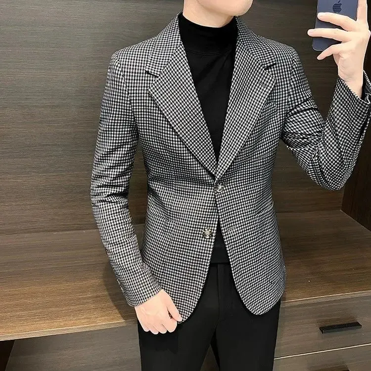 Bonsir Coats Plaid Dress Jacket for Men Single Breasted Clothing Spring Clothes Models Korean Style New Man Business Suits and Blazers
