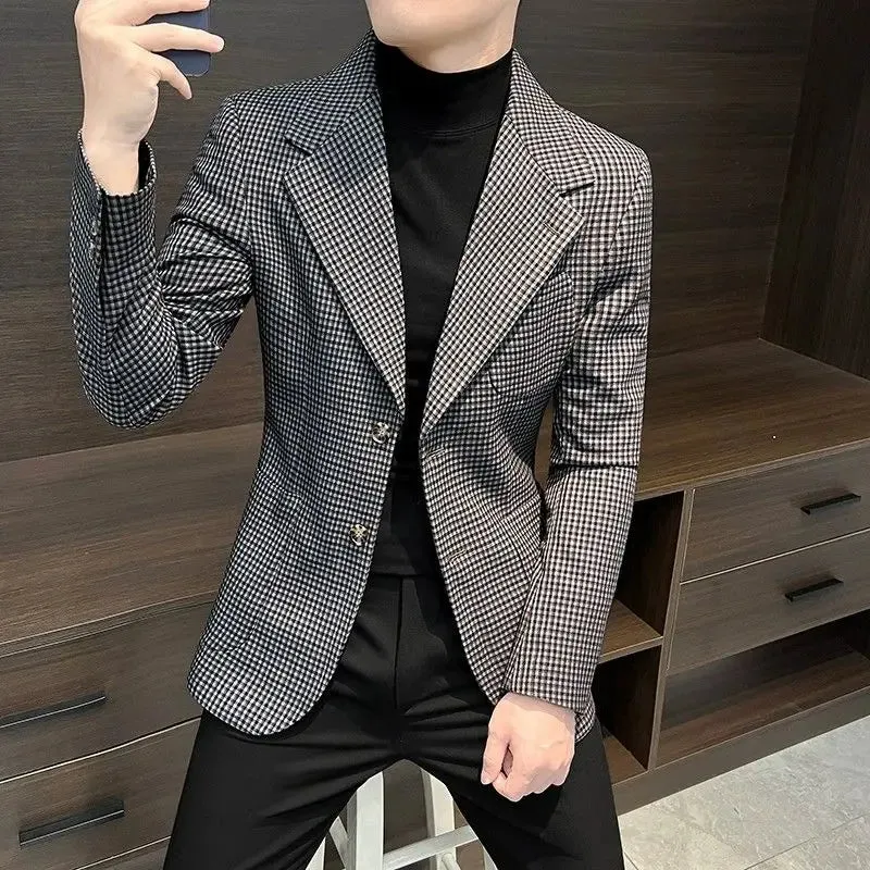 Bonsir Coats Plaid Dress Jacket for Men Single Breasted Clothing Spring Clothes Models Korean Style New Man Business Suits and Blazers