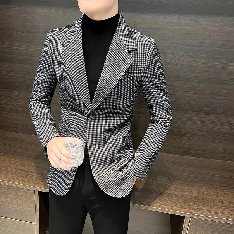 Bonsir Coats Plaid Dress Jacket for Men Single Breasted Clothing Spring Clothes Models Korean Style New Man Business Suits and Blazers