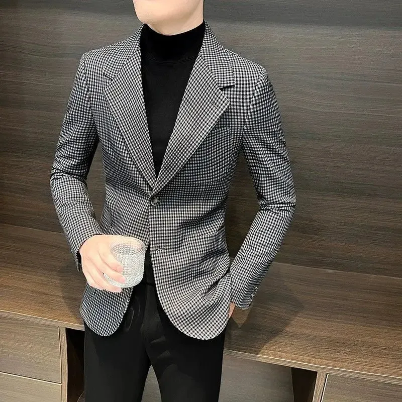 Bonsir Coats Plaid Dress Jacket for Men Single Breasted Clothing Spring Clothes Models Korean Style New Man Business Suits and Blazers
