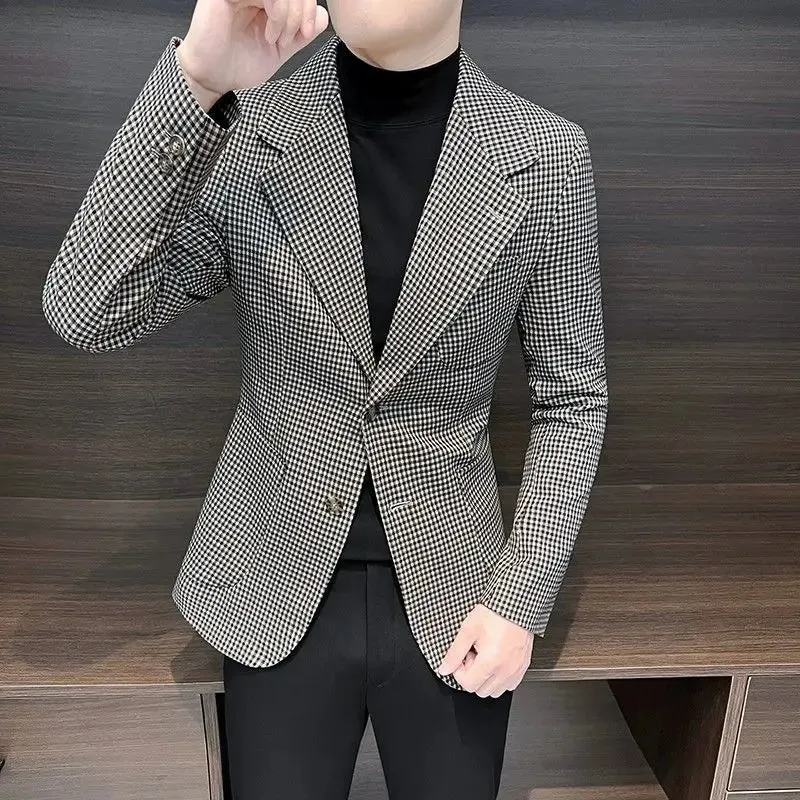 Bonsir Coats Plaid Dress Jacket for Men Single Breasted Clothing Spring Clothes Models Korean Style New Man Business Suits and Blazers