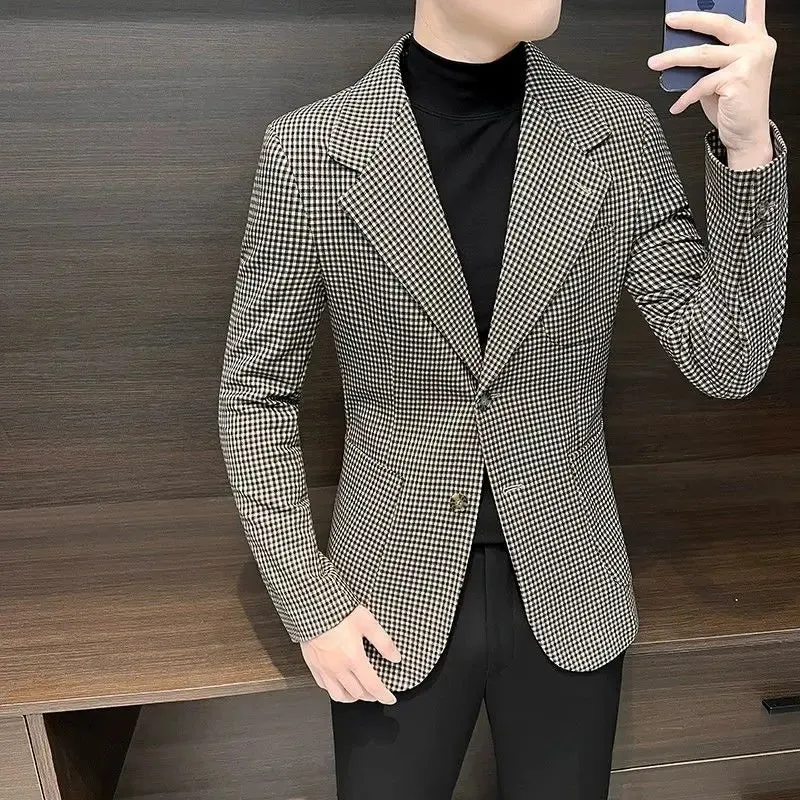 Bonsir Coats Plaid Dress Jacket for Men Single Breasted Clothing Spring Clothes Models Korean Style New Man Business Suits and Blazers