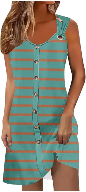 Borniu Women Summer Beach Vocation Casual Striped T Shirt Sundress Sleeveless Crewneck Loose Tank Flowy Swing Short Dresses