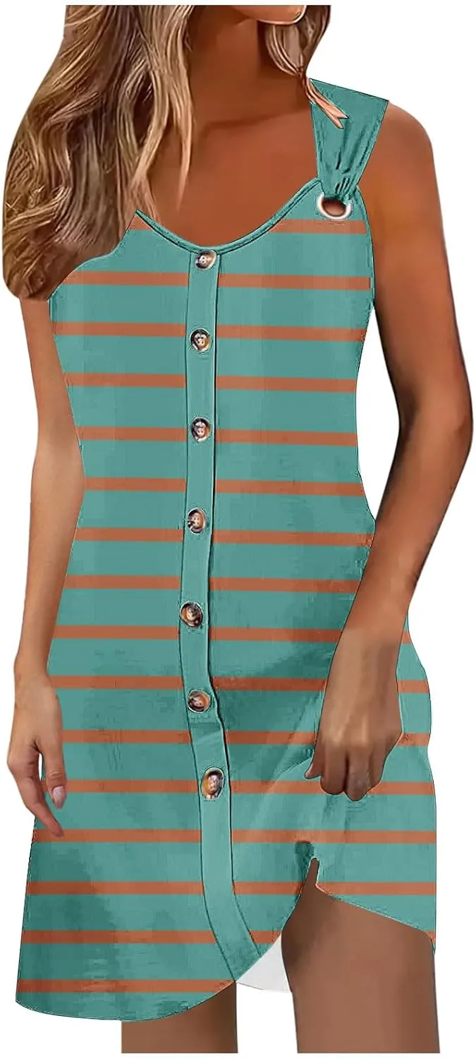 Borniu Women Summer Beach Vocation Casual Striped T Shirt Sundress Sleeveless Crewneck Loose Tank Flowy Swing Short Dresses