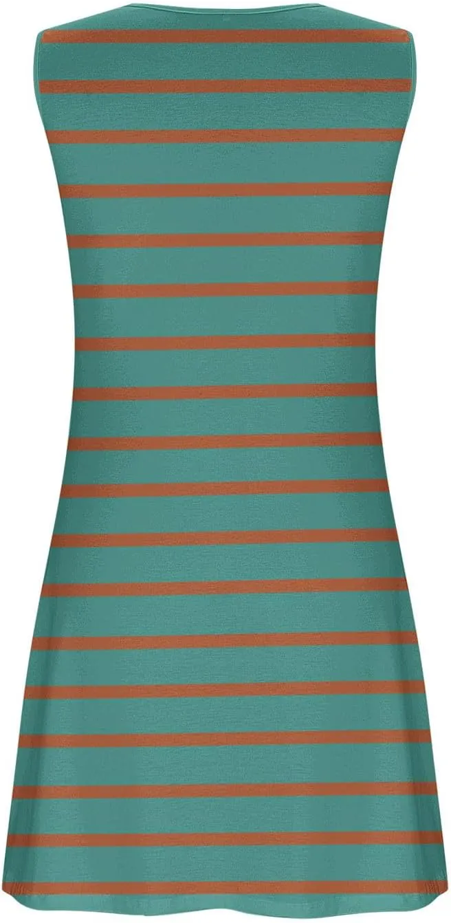 Borniu Women Summer Beach Vocation Casual Striped T Shirt Sundress Sleeveless Crewneck Loose Tank Flowy Swing Short Dresses