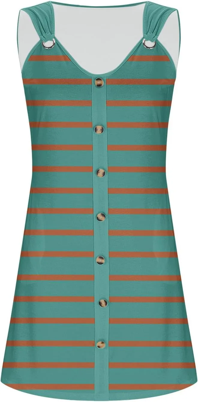 Borniu Women Summer Beach Vocation Casual Striped T Shirt Sundress Sleeveless Crewneck Loose Tank Flowy Swing Short Dresses