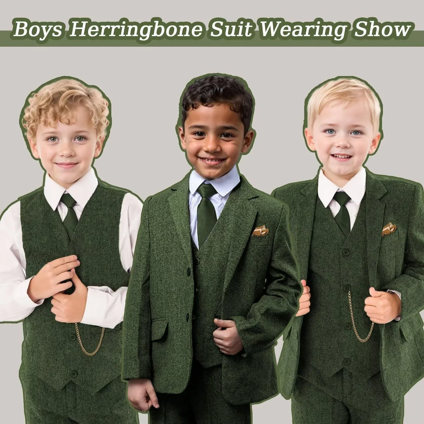 Boy's Suit Herringbone Tweed Blazer Slim Fit Kids Winter 1920s Retro Vintage Formal Wedding Prom Tuxedo Jacket Vest Pants Tie