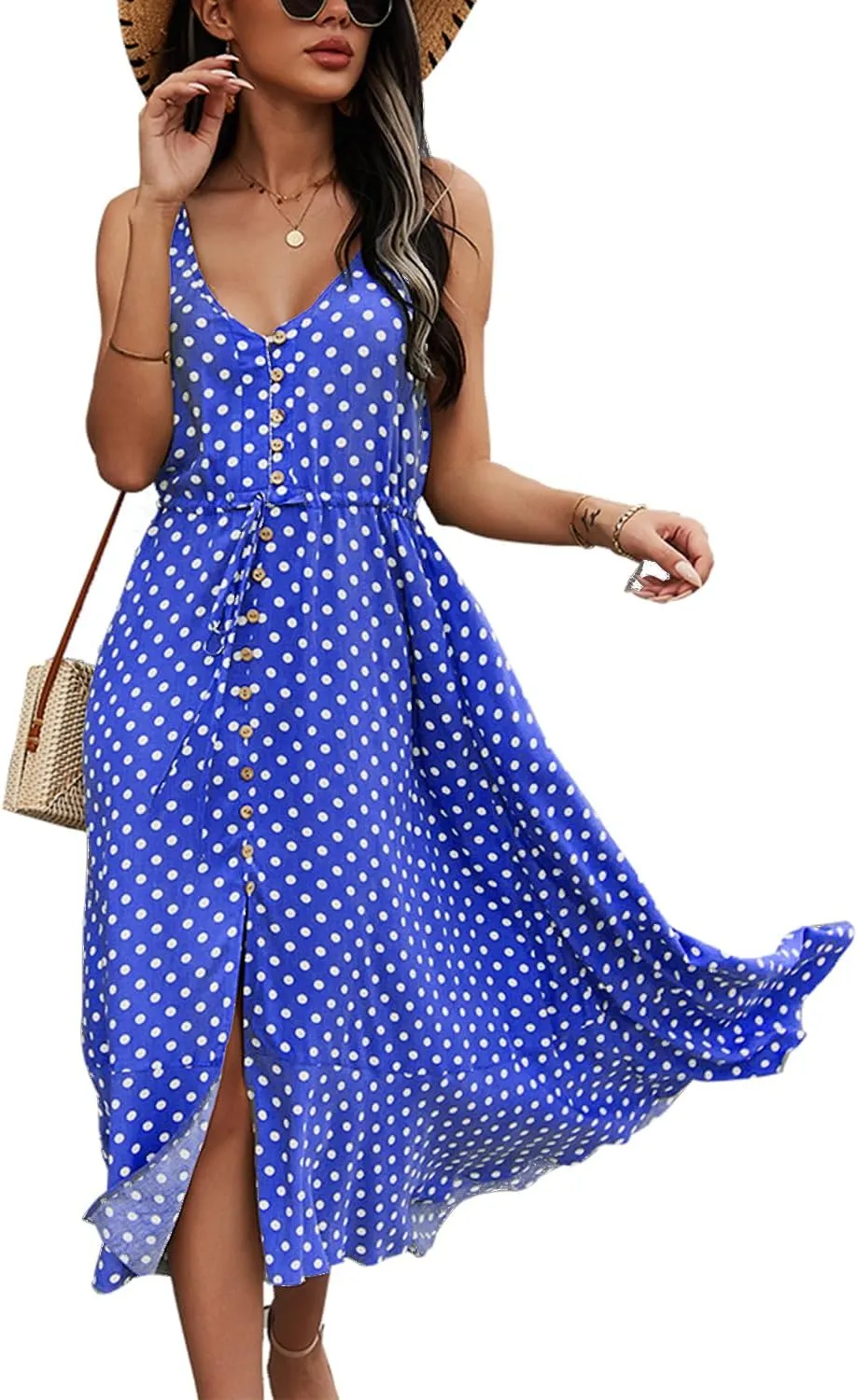 BROVAVE Women's 2025 Summer Casual Boho Sundress Polka Dot Spaghetti Strap V Neck Flowy Midi Dresses