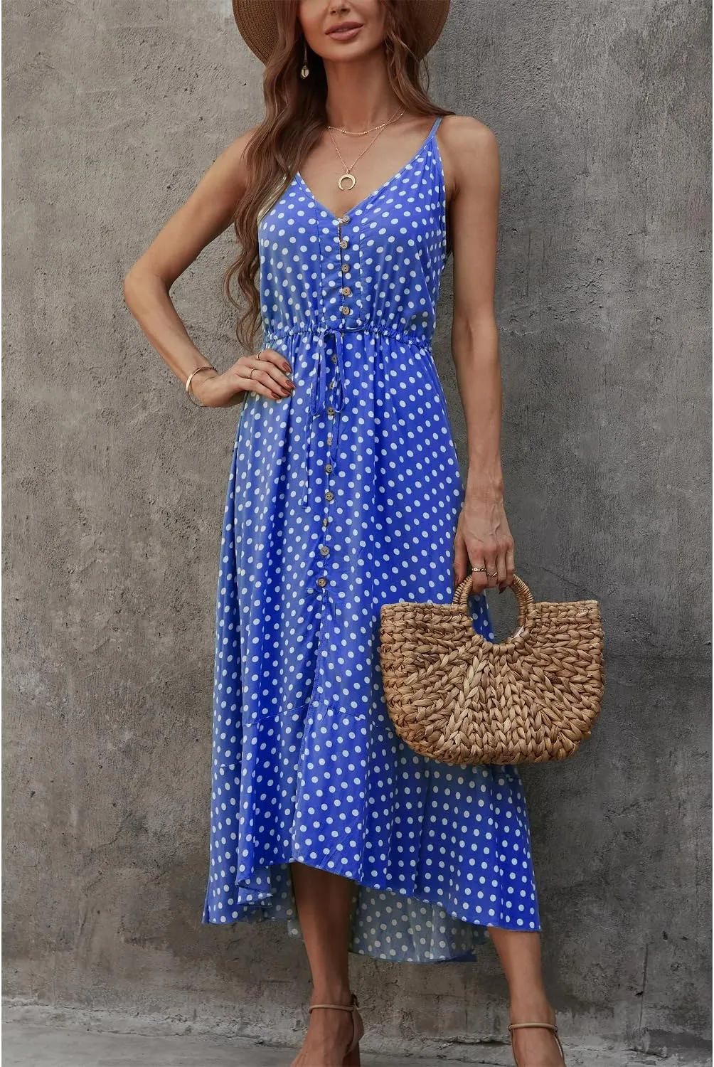 BROVAVE Women's 2025 Summer Casual Boho Sundress Polka Dot Spaghetti Strap V Neck Flowy Midi Dresses