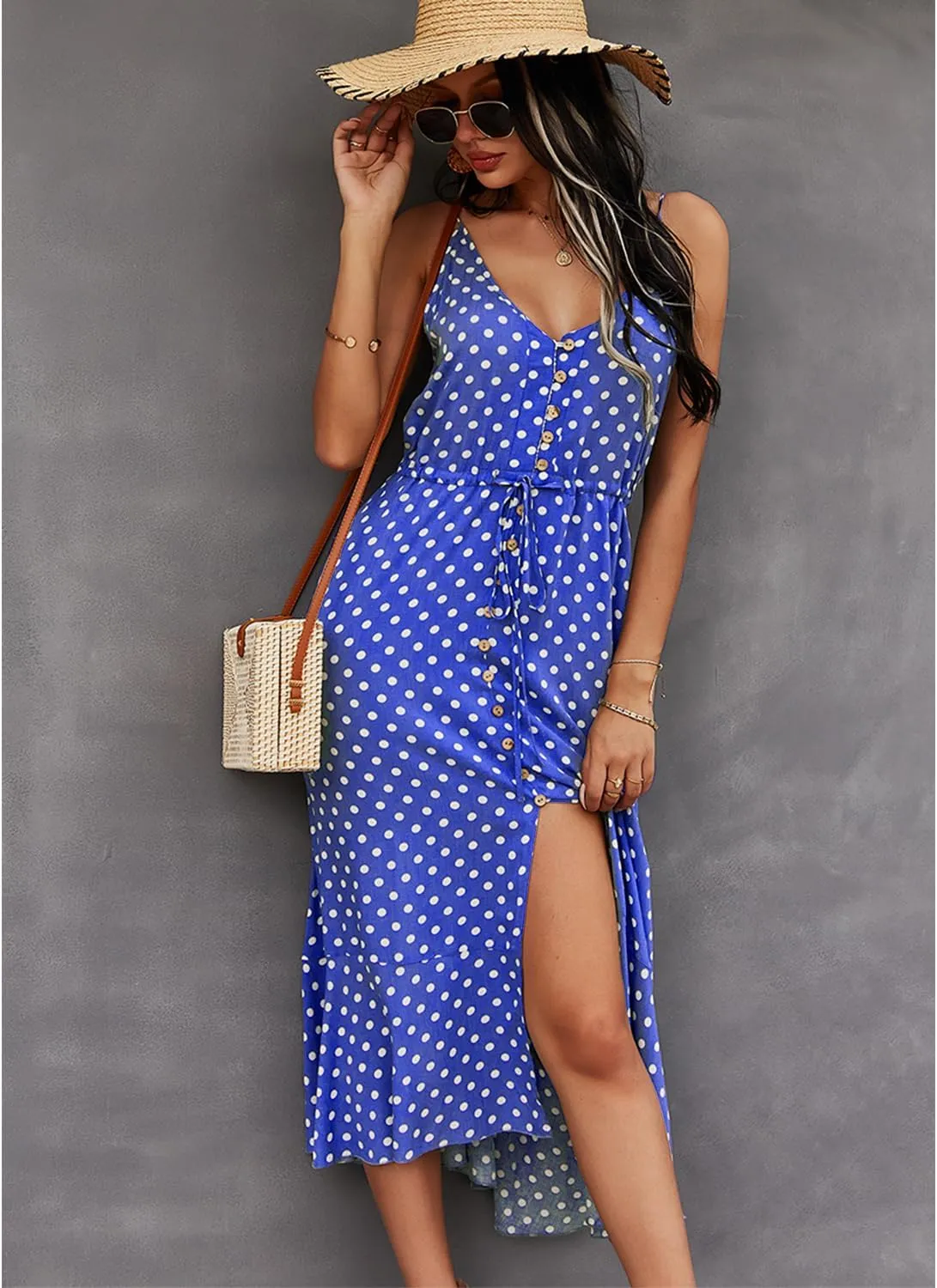 BROVAVE Women's 2025 Summer Casual Boho Sundress Polka Dot Spaghetti Strap V Neck Flowy Midi Dresses