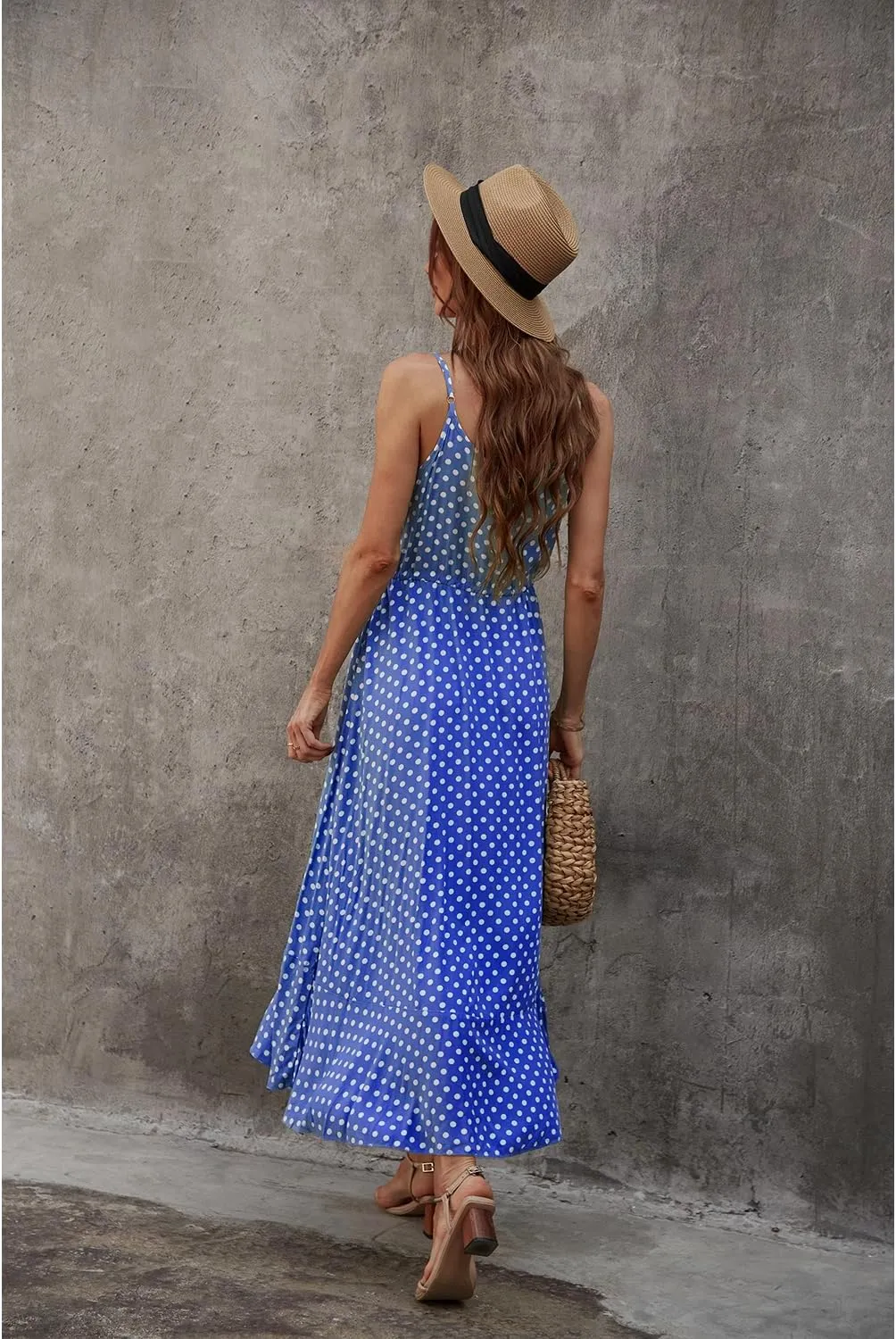 BROVAVE Women's 2025 Summer Casual Boho Sundress Polka Dot Spaghetti Strap V Neck Flowy Midi Dresses