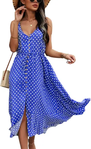 BROVAVE Women's 2025 Summer Casual Boho Sundress Polka Dot Spaghetti Strap V Neck Flowy Midi Dresses