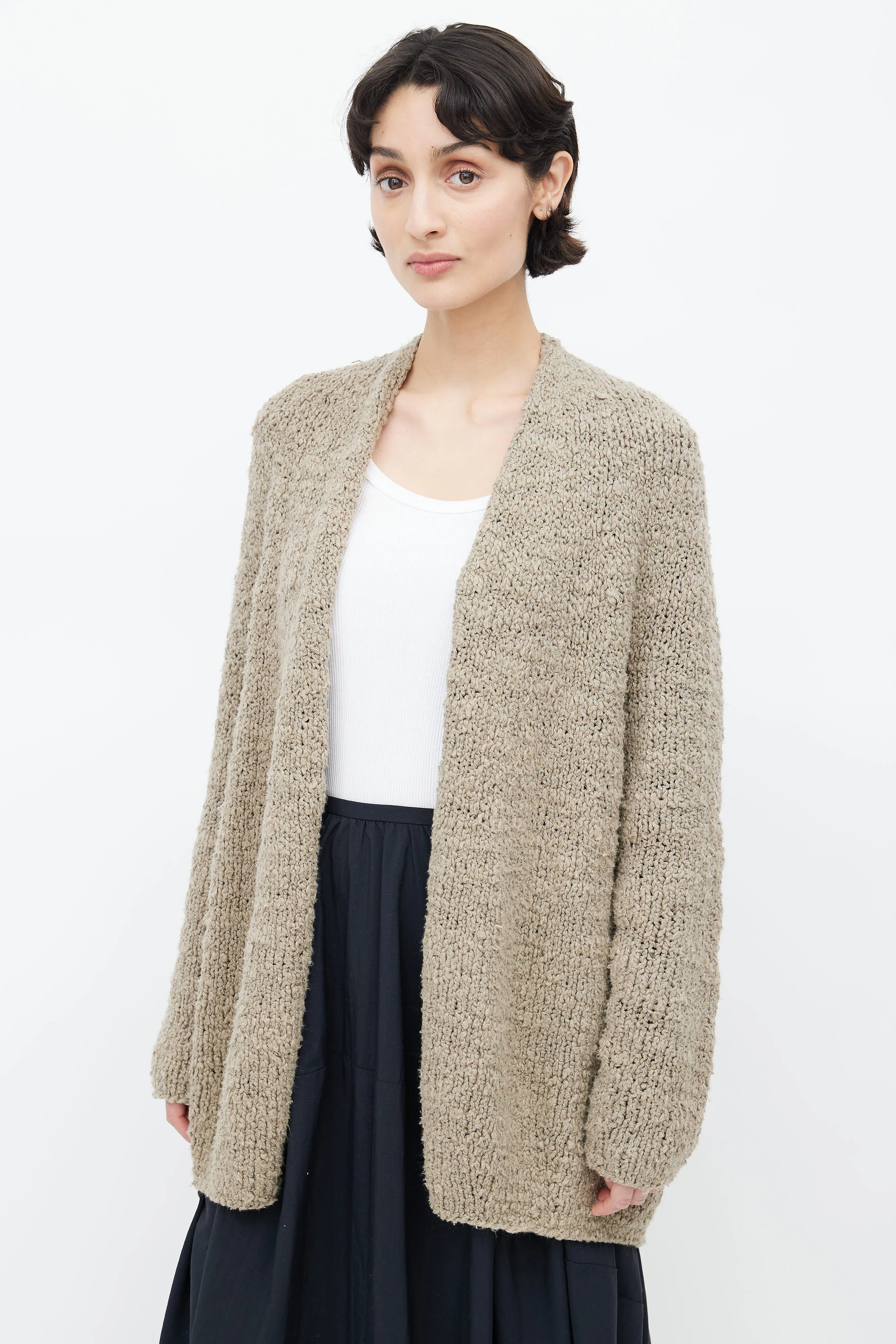 Brown Cotton Knit Open Cardigan