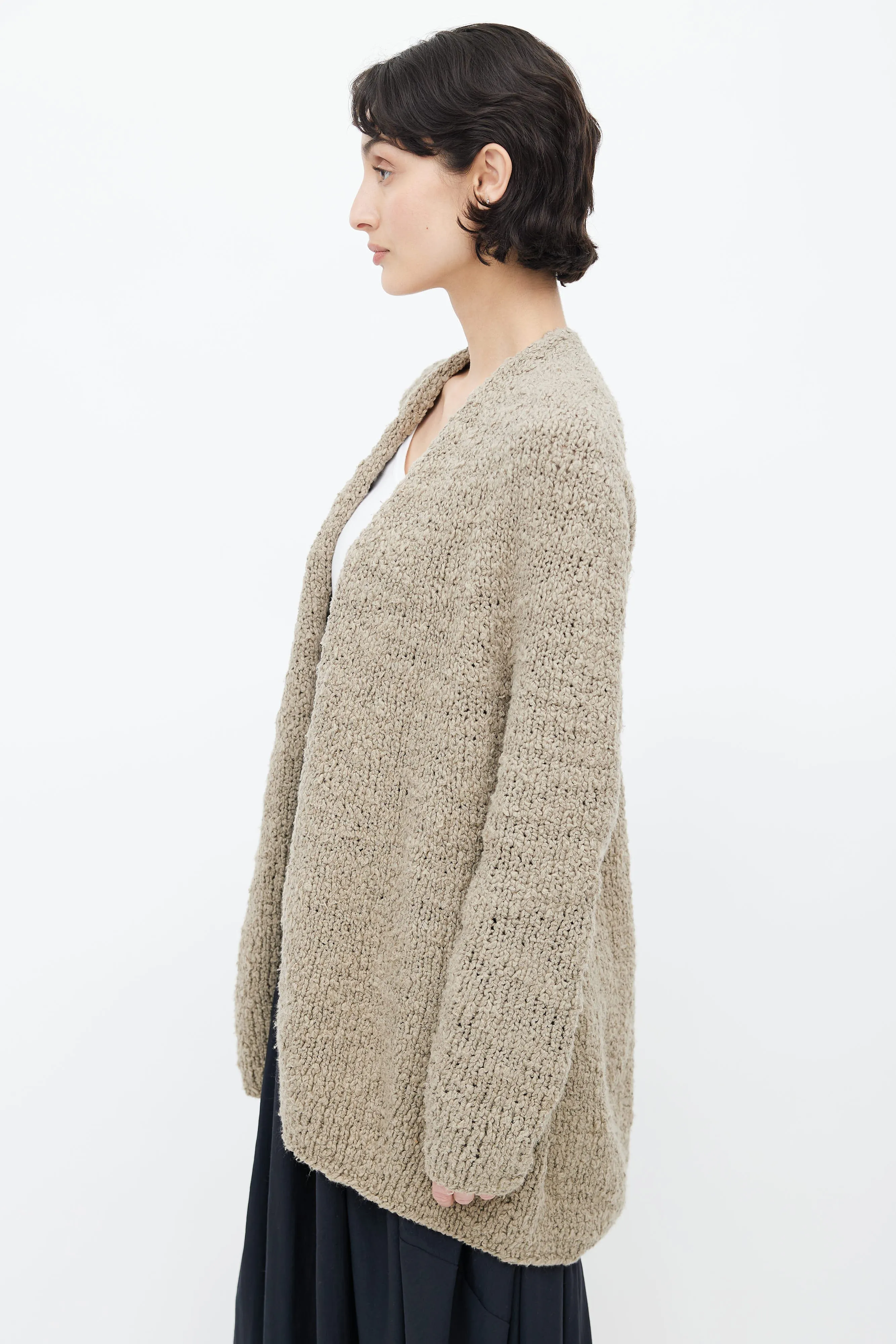 Brown Cotton Knit Open Cardigan