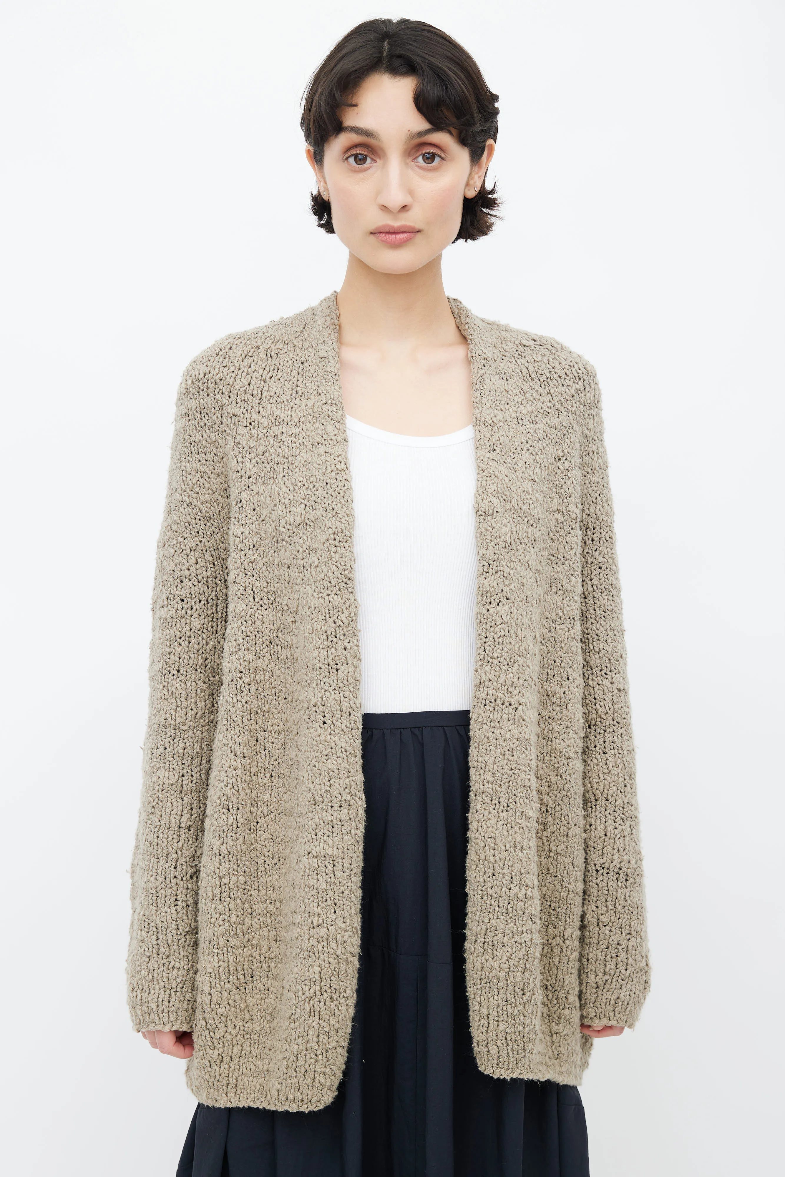 Brown Cotton Knit Open Cardigan