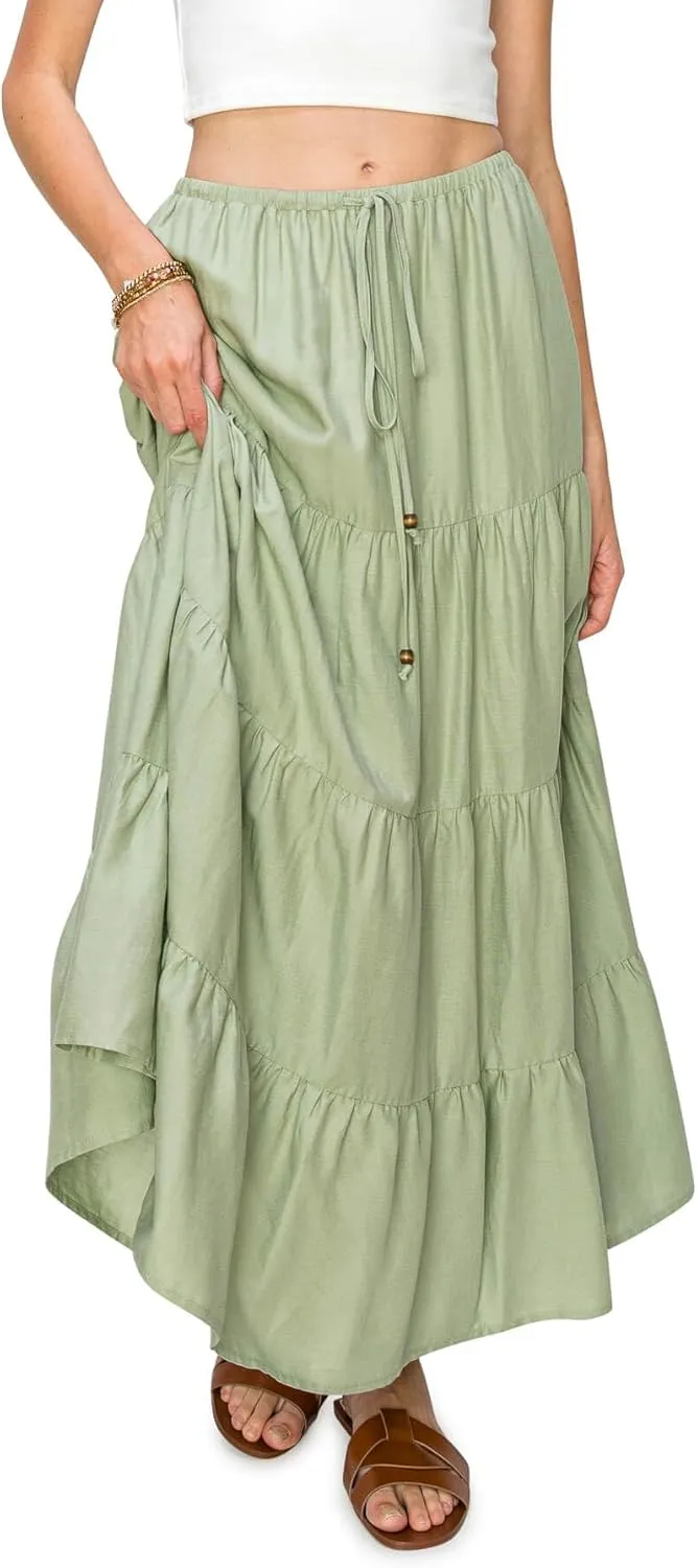 Cali1850 Women's XS~XL Lined Tiered Elastic Waist Linen Flare Maxi Skirt