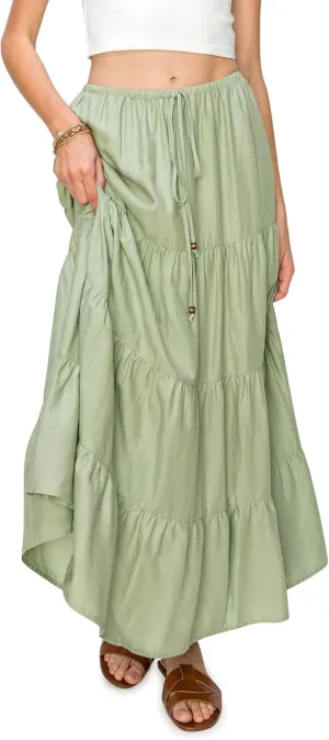 Cali1850 Women's XS~XL Lined Tiered Elastic Waist Linen Flare Maxi Skirt