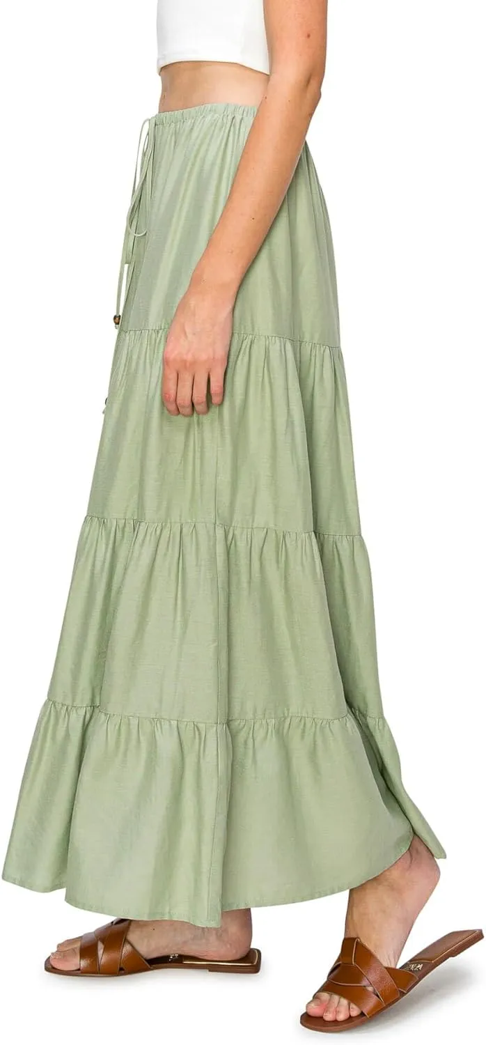 Cali1850 Women's XS~XL Lined Tiered Elastic Waist Linen Flare Maxi Skirt