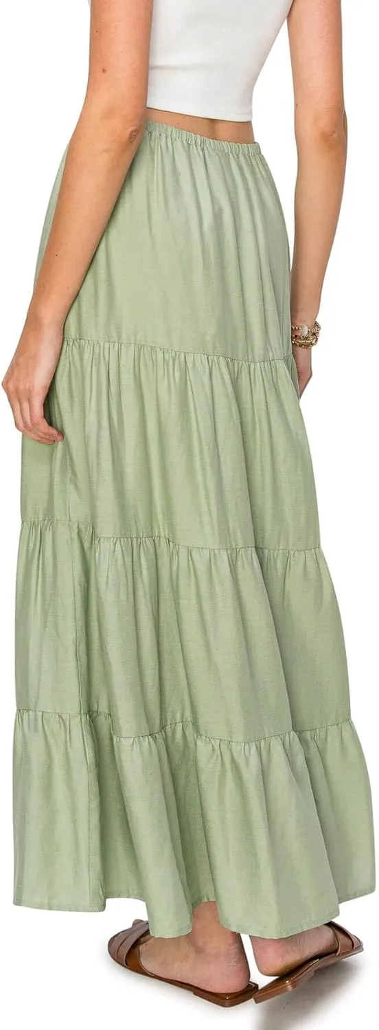 Cali1850 Women's XS~XL Lined Tiered Elastic Waist Linen Flare Maxi Skirt