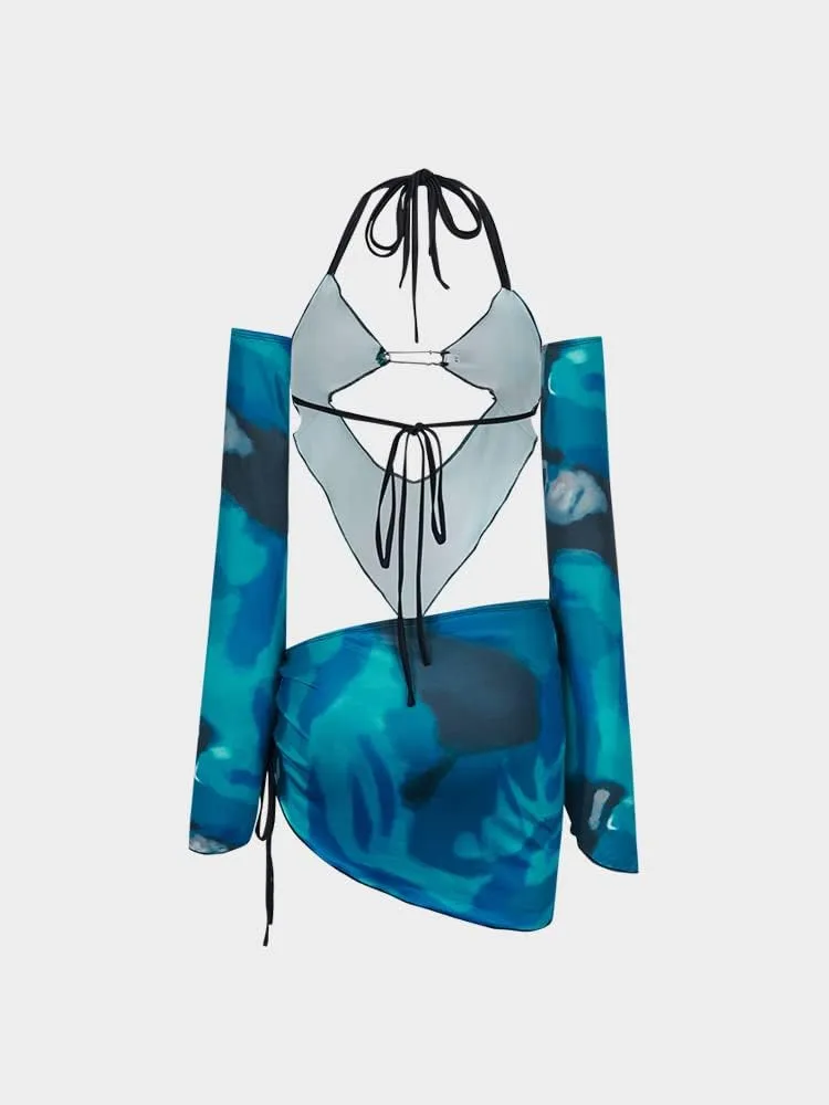 CAPE CLIQUE Women Marble Print Halter Backless Dress Split Long Sleeves Sexy Slim Fit Mini Dress Cool-Street Skirt Suit