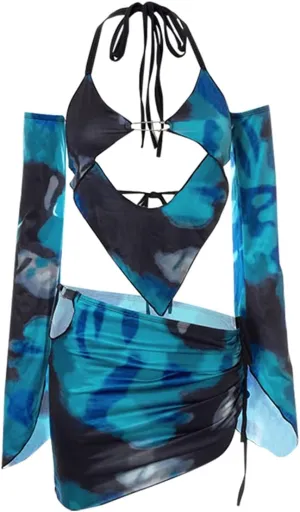 CAPE CLIQUE Women Marble Print Halter Backless Dress Split Long Sleeves Sexy Slim Fit Mini Dress Cool-Street Skirt Suit