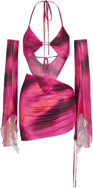 CAPE CLIQUE Women Marble Print Halter Backless Dress Split Long Sleeves Sexy Slim Fit Mini Dress Cool-Street Skirt Suit