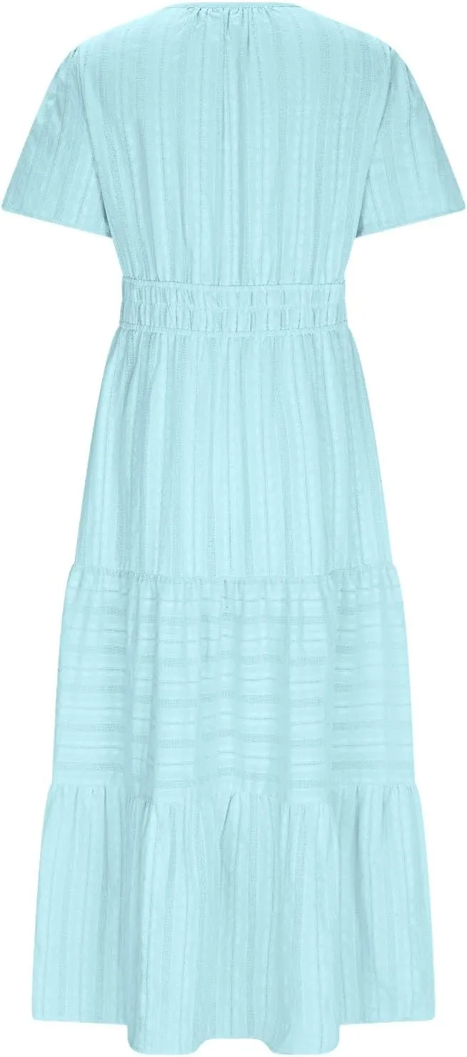 Casual Dresses for Women 2025 High Waisted Summer Vacation Dress Short Sleeve V Neck Holiday Midi Dresses