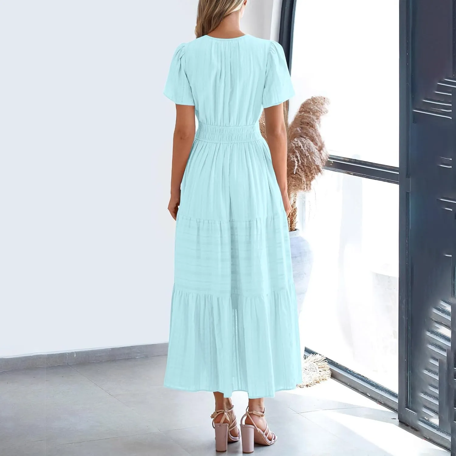 Casual Dresses for Women 2025 High Waisted Summer Vacation Dress Short Sleeve V Neck Holiday Midi Dresses