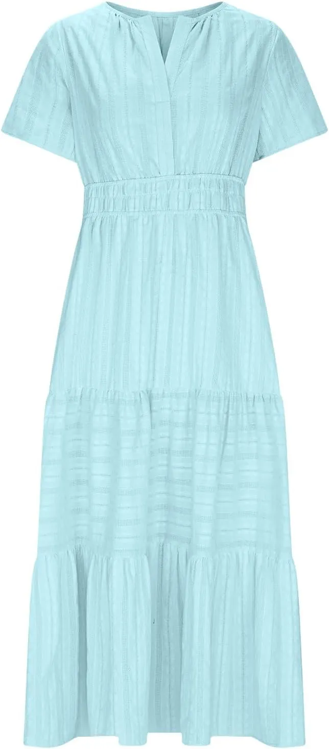 Casual Dresses for Women 2025 High Waisted Summer Vacation Dress Short Sleeve V Neck Holiday Midi Dresses