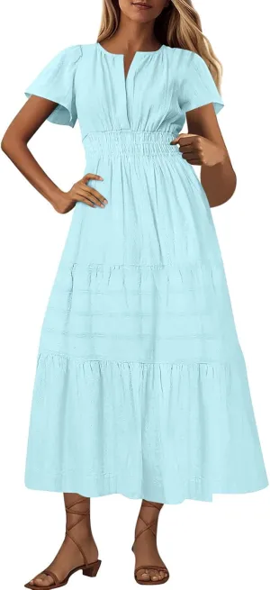 Casual Dresses for Women 2025 High Waisted Summer Vacation Dress Short Sleeve V Neck Holiday Midi Dresses
