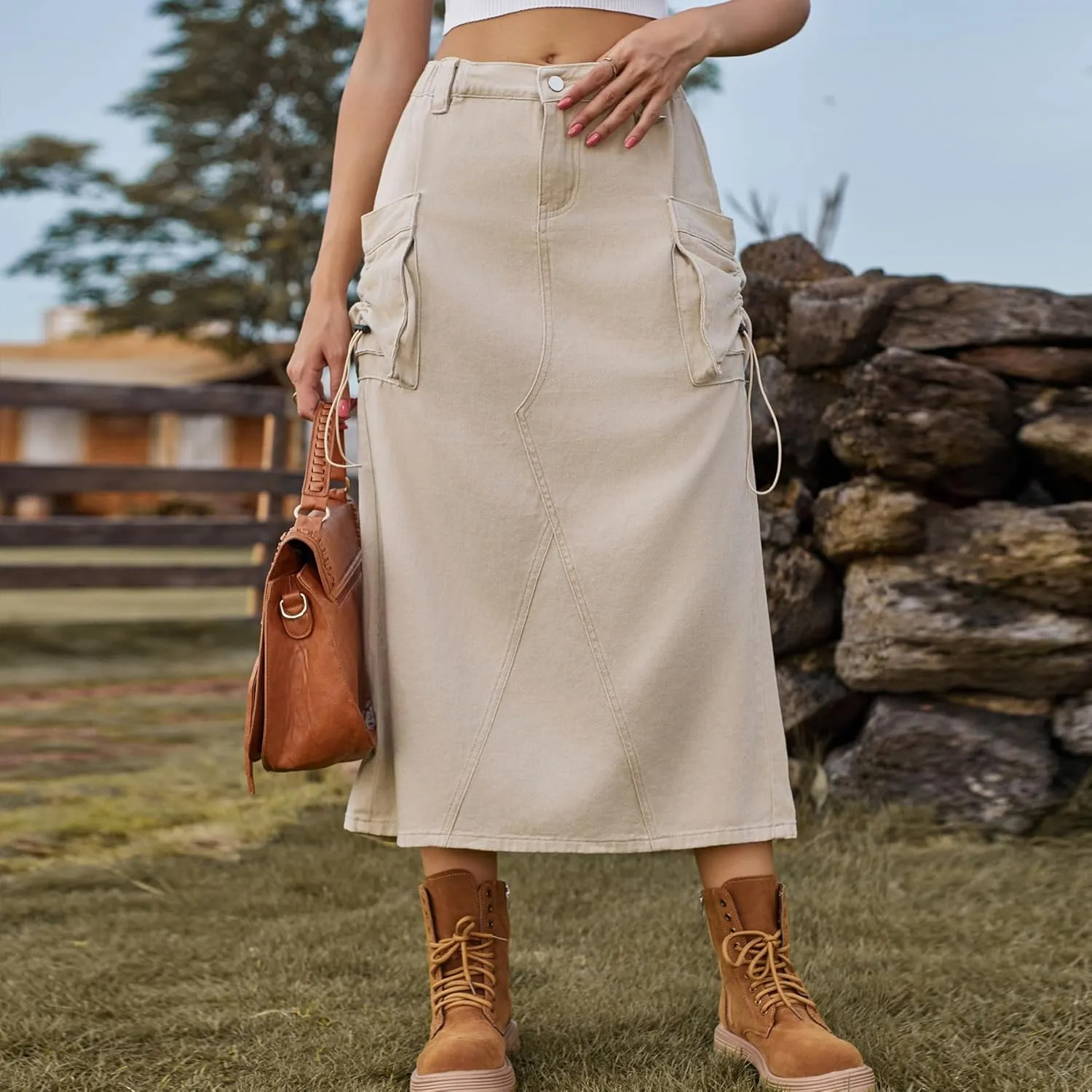 cffvdiz Women's Vintage Denim Cargo Skirt Casual High Waisted Slit Mid-Length Jean Skirt Y2K
