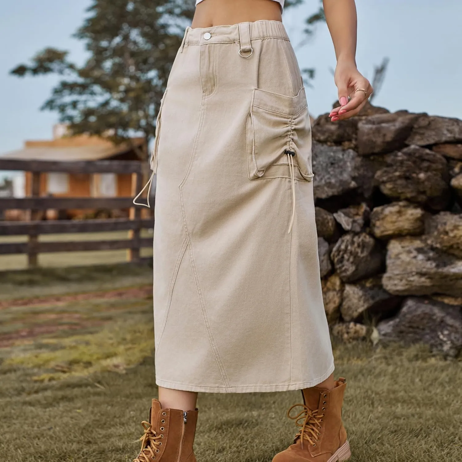 cffvdiz Women's Vintage Denim Cargo Skirt Casual High Waisted Slit Mid-Length Jean Skirt Y2K