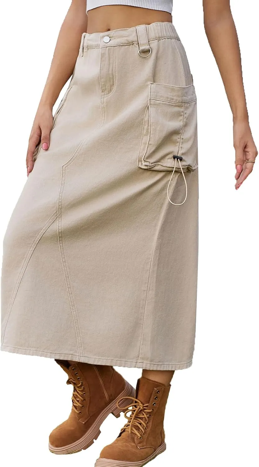 cffvdiz Women's Vintage Denim Cargo Skirt Casual High Waisted Slit Mid-Length Jean Skirt Y2K
