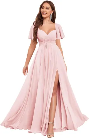 Chiffon Bridesmaid Dresses Long with Slit for Wedding Women Sweetheart Ruched Formal Evening Dress with Sleeves