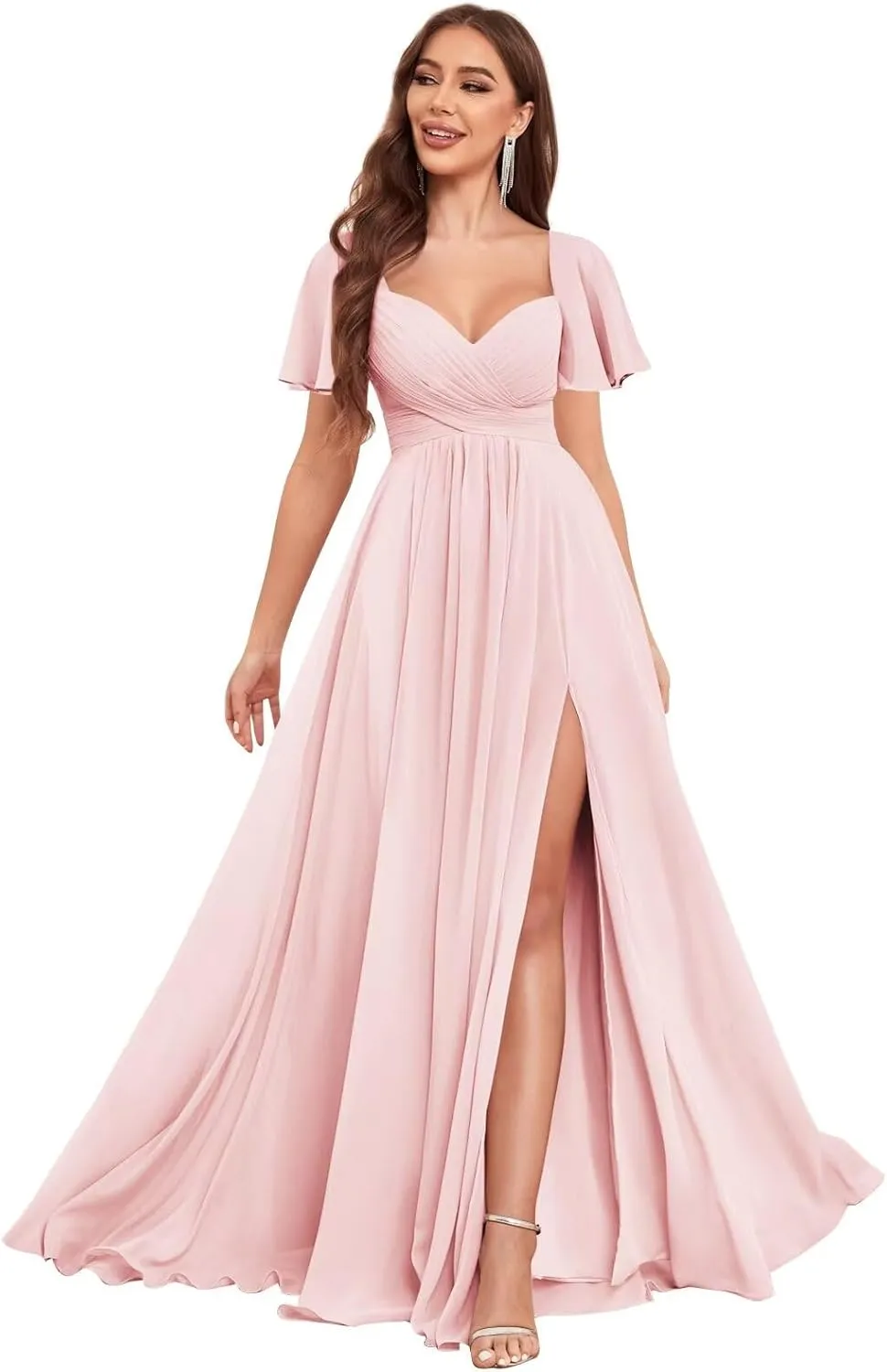 Chiffon Bridesmaid Dresses Long with Slit for Wedding Women Sweetheart Ruched Formal Evening Dress with Sleeves